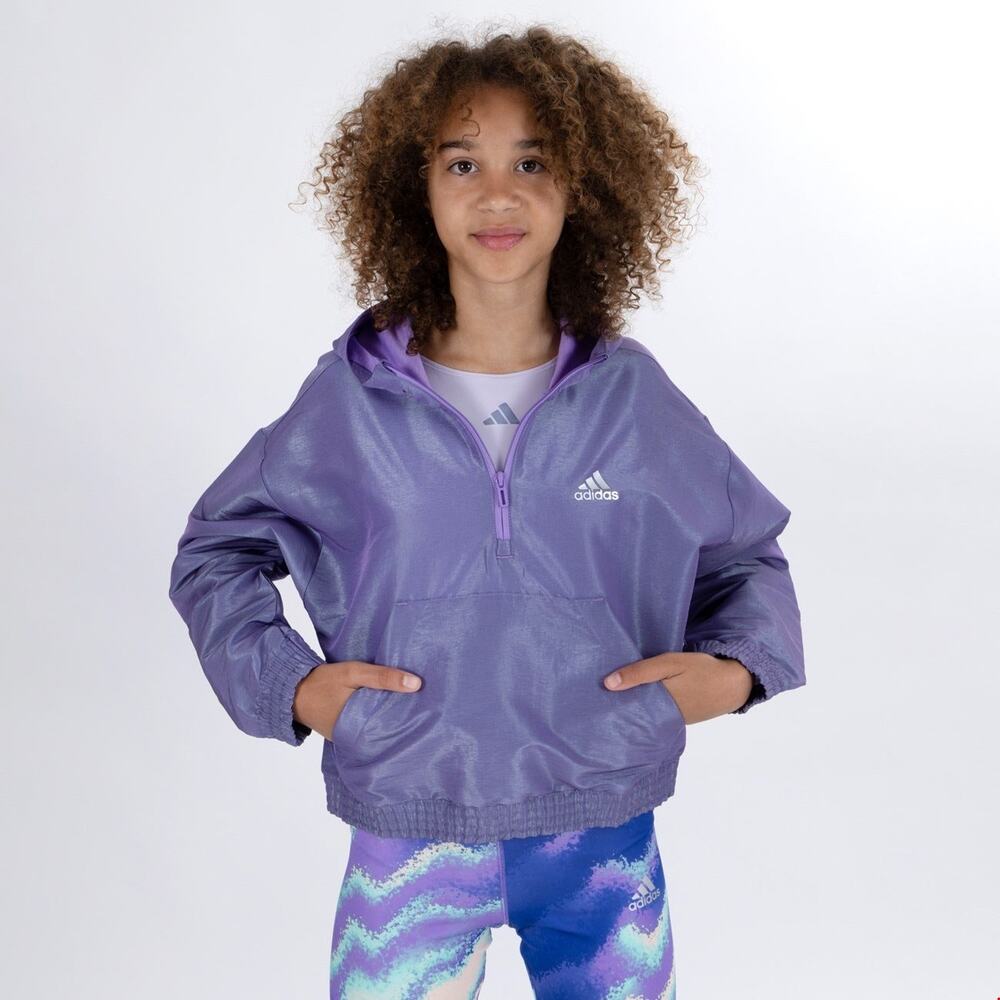 Adidas Girls Purple Windbreaker Oversize Quarter Zip Athleisure